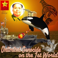 an image of an orca and a navy ship with the words unlimited genocide on the 1st world