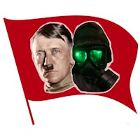 a flag with a picture of hitler and a man in a gas mask