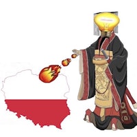 a man dressed in a kimono is holding a flame in front of a map of poland