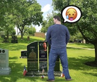 a man standing in front of a gravestone with a speech bubble