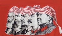 a group of men wearing santa hats on a red background