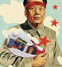 a painting of mao tse tung holding a pair of sneakers