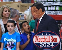 a group of people standing in front of a meatball ron poster