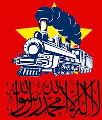 a train with arabic writing on a red background