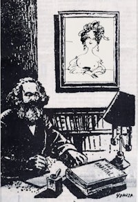 a drawing of a man sitting at a desk with a picture of a woman