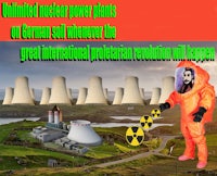 a man in an orange suit is standing next to a nuclear power plant