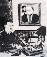 a black and white drawing of a man and a woman sitting at a desk