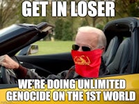 joe biden in a yellow car with the caption get in loser we're doing unlimited genocide on the first world