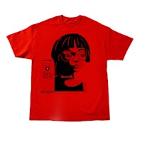 a red t - shirt with an image of a woman with glasses