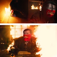 two pictures of a man with a red mask and a fire